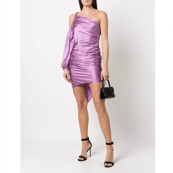 NEW Cinq A Sept 100% Silk Lavender One Shoulder Ruched Asymmetric Dress - Picture 1 of 10